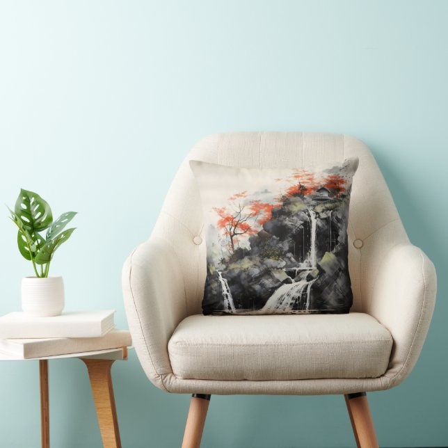 Asia Waterfall Landscape Throw Pillow (Chair)