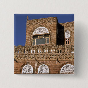 Asia, Yemen, Sana'a. Yemeni architecture detail. 2 Inch Square Button