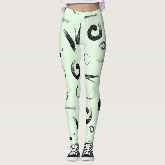 Asian Abstract Black On Green Design  Leggings (Front)