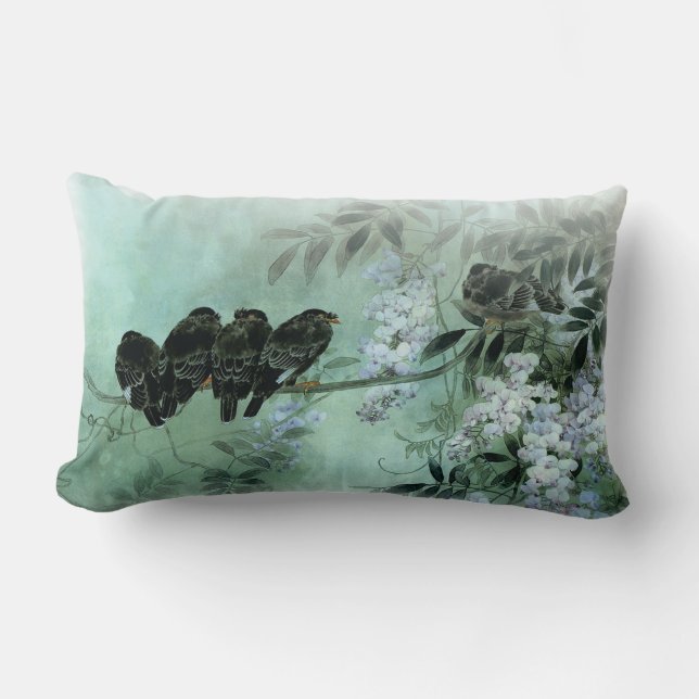 Asian Art Birds on a Wisteria Branch Lumbar Pillow (Front)