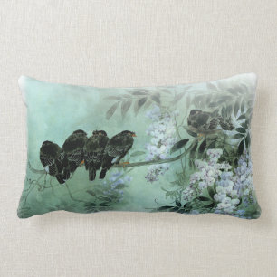 Asian Art Birds on a Wisteria Branch Lumbar Pillow