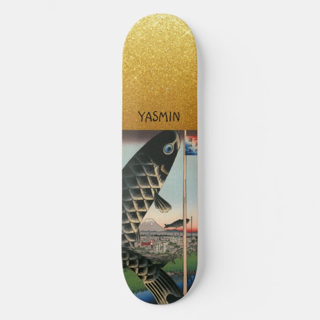 Asian Art Fish Gold Personalized Skateboard (Front)