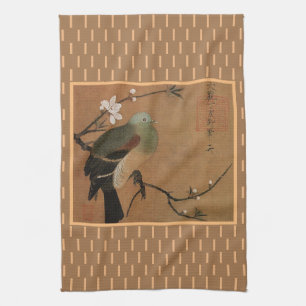 Asian art pigeon on cherry tree branch kitchen towel