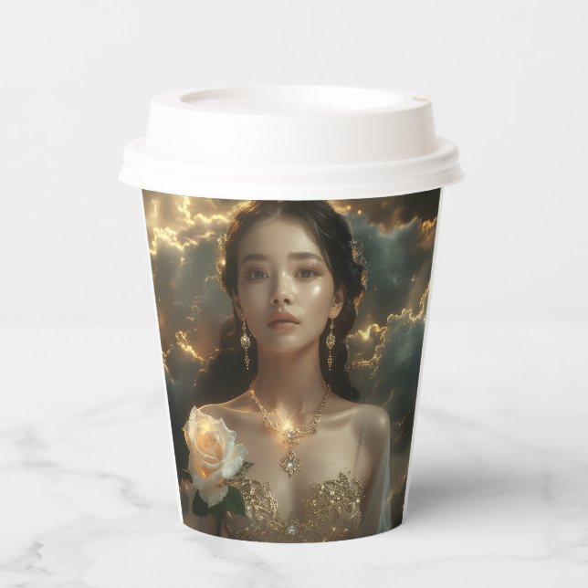 Asian Beauty With White Rose Paper Cups (Front)