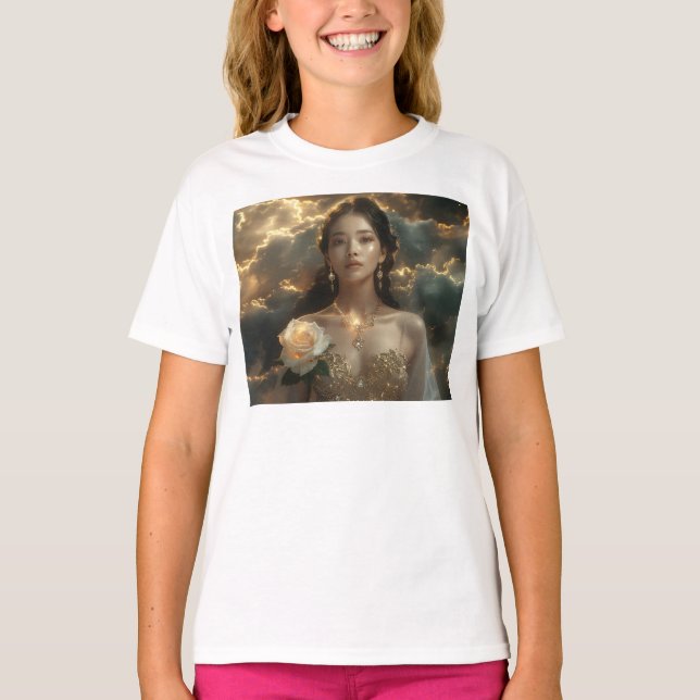 Asian Beauty With White Rose T-Shirt (Front)