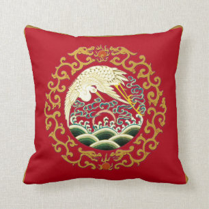 Asian Bird Art on Deep Red Background Pillow