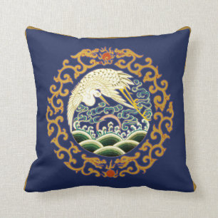 Asian Bird Art Pillow in Deep Blue
