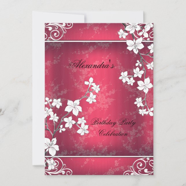 Asian Blossom Red White Lace Birthday Party Invitation (Front)