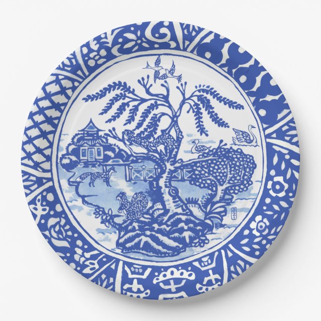 Asian Blue Squirrel Bird Fox Willow Temple Garden Paper Plate (Front)