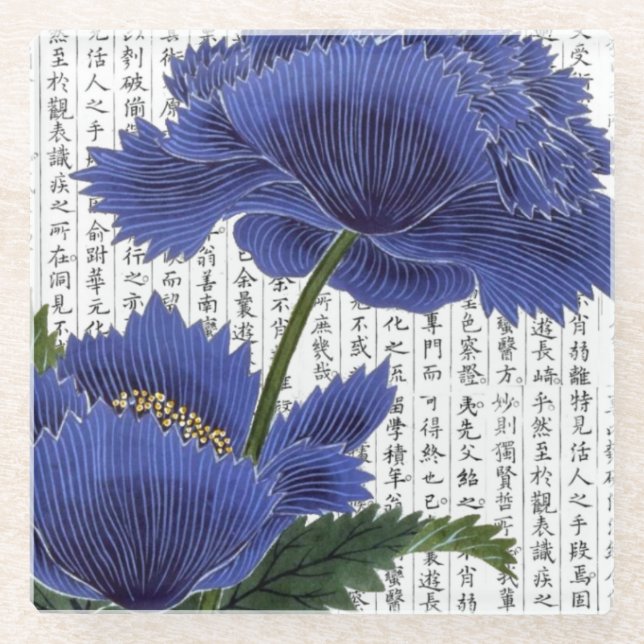 Asian BluePoppies on Kanji Background Glass Coaster (Front)
