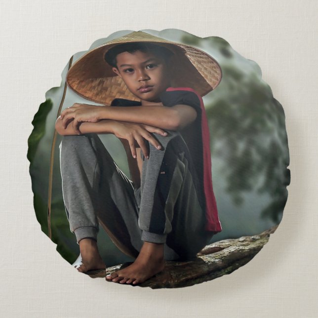 Asian Boy Fishing Round Pillow (Front)