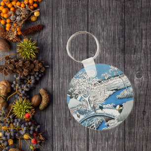 Asian Bridge and Snow Landscape Keychain