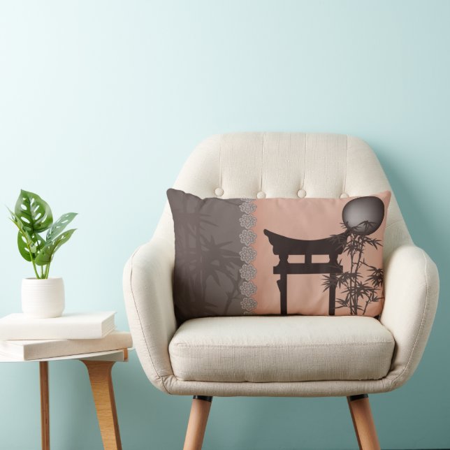 Asian brown Torii bamboo moon digital art Lumbar Pillow (Chair)