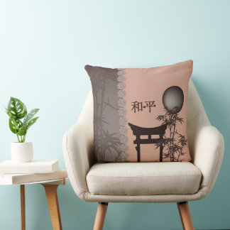 Asian brown Torii bamboo moon digital art Throw Pillow