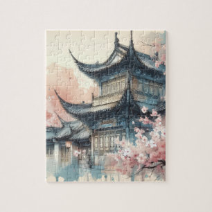 Asian Building in Cherry Blossom Jigsaw Puzzle