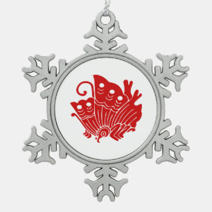 Asian Butterfly Japanese Kamon Design Snowflake Pewter Christmas Ornament