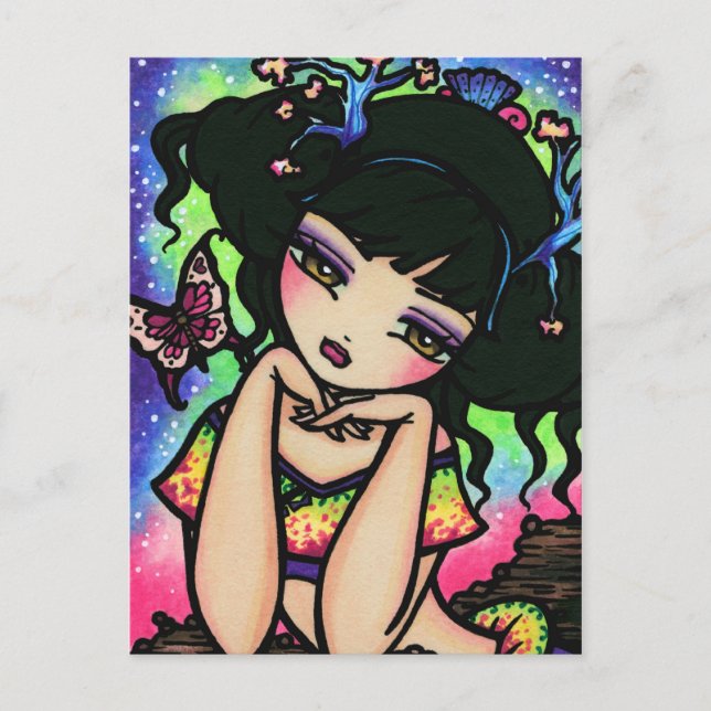 Asian Butterfly Mermaid Fairy Fantasy Art Girl Postcard (Front)