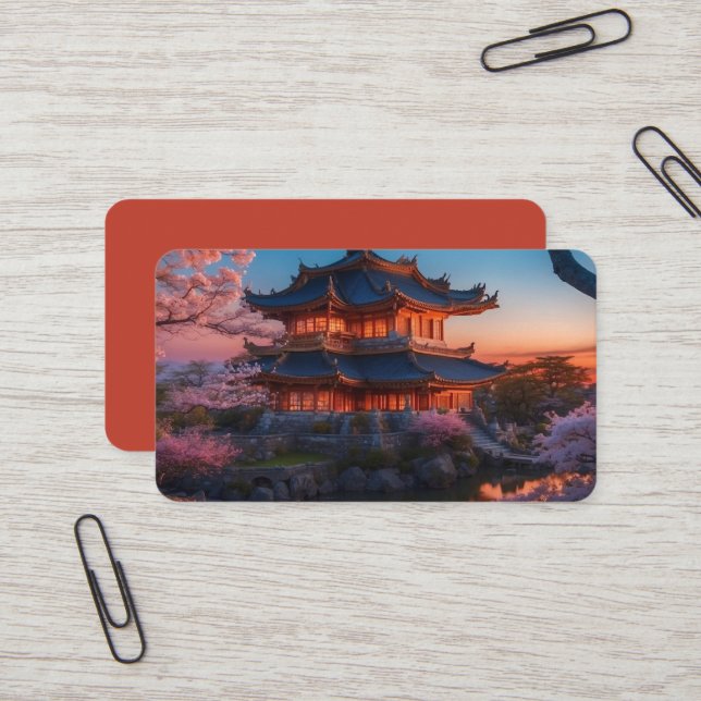 Asian Castle of the Garden Sunset Bookmark Business Card (Front/Back In Situ)