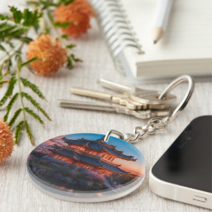 Asian Castle of the Garden Sunset Keychain