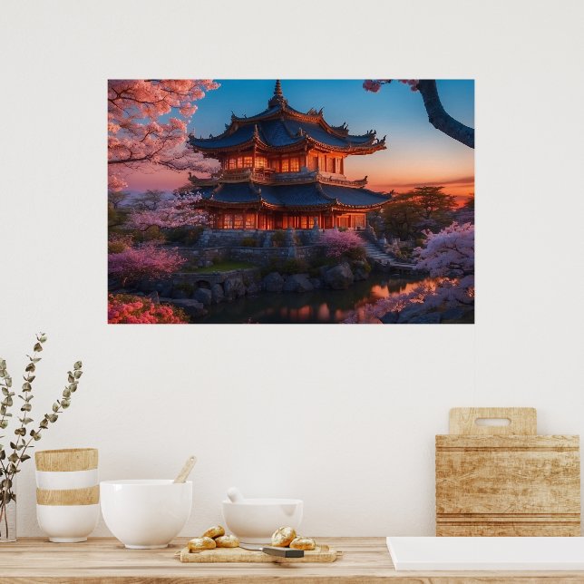 Asian Castle of the Garden Sunset Poster (Kitchen)