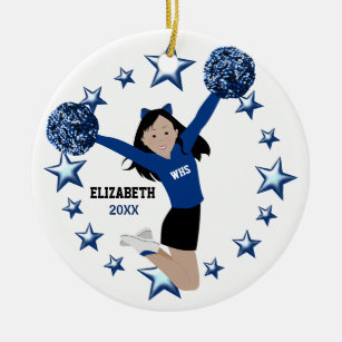 Asian Cheerleader Pom Poms In Blue & Black Ceramic Ornament