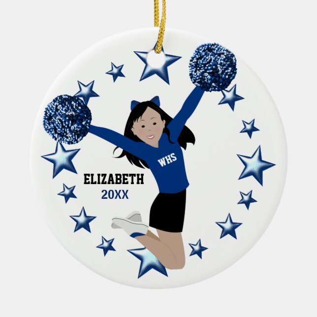 Asian Cheerleader Pom Poms In Blue & Black Ceramic Ornament (Front)