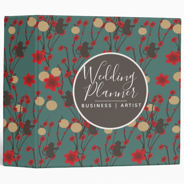 Asian Cherry Blossom Monkey Wedding Planner Binder (Front/Spine)