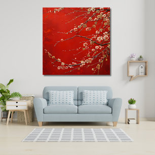 Asian Cherry Blossom on Vibrant Red Background Canvas Print