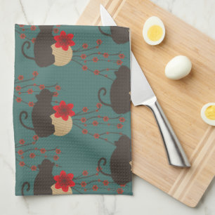Asian Cherry Blossom Sakura Modern Monkey Pattern Kitchen Towel