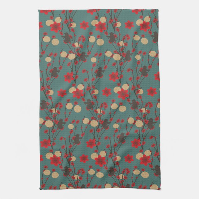 Asian Cherry Blossom Sakura Modern Monkey Pattern Kitchen Towel (Vertical)