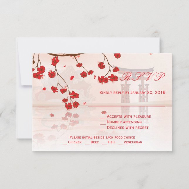 Asian cherry blossom wedding RSVP card (Front)
