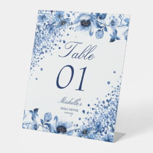Asian Chinoiserie Light Blue Floral Table Number Pedestal Sign