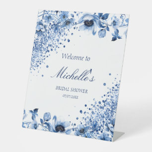 Asian Chinoiserie Light Blue Floral Welcome Pedestal Sign