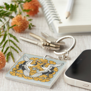 Asian Crane & Ginkgo Art Keychain