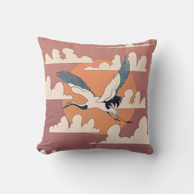 Asian Crane In Flight Throw Pillow (Front)