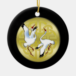 Asian Dancing Cranes on Golden Circle Ceramic Ornament