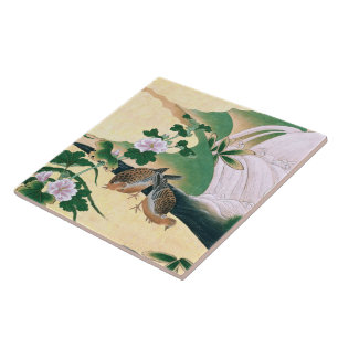 Asian Dove Birds Flowers Waterfall Tile