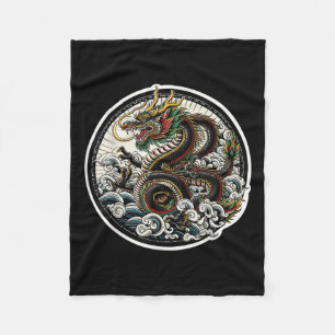 Asian Dragon Green Lucky Tattoo Design Colourful V Fleece Blanket