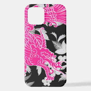 Asian Dragon - Pink on Black Floral iPhone 12 Case