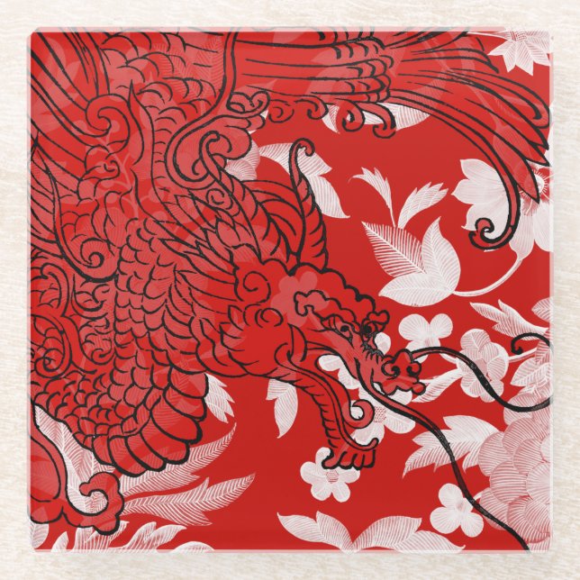 Asian Dragon - Red and Black on Red Floral Glass Coaster (Front)