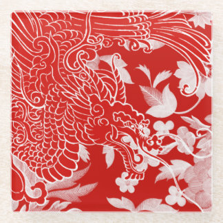 Asian Dragon - White and Red on Red Floral Glass Coaster