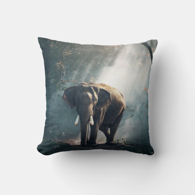 Asian Elephant in a Sunlit Forest Clearing Throw Pillow (Front)