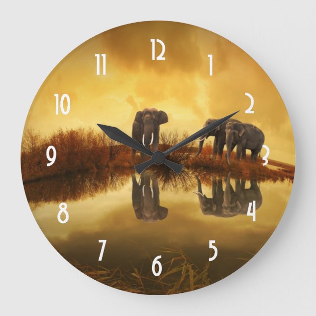 Asian Elephants in Thailand under a glowing sunset Large Clock (Front)