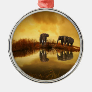Asian Elephants in Thailand under a glowing sunset Metal Ornament