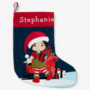 Asian Elf Girl with Rudolph Christmas Stocking