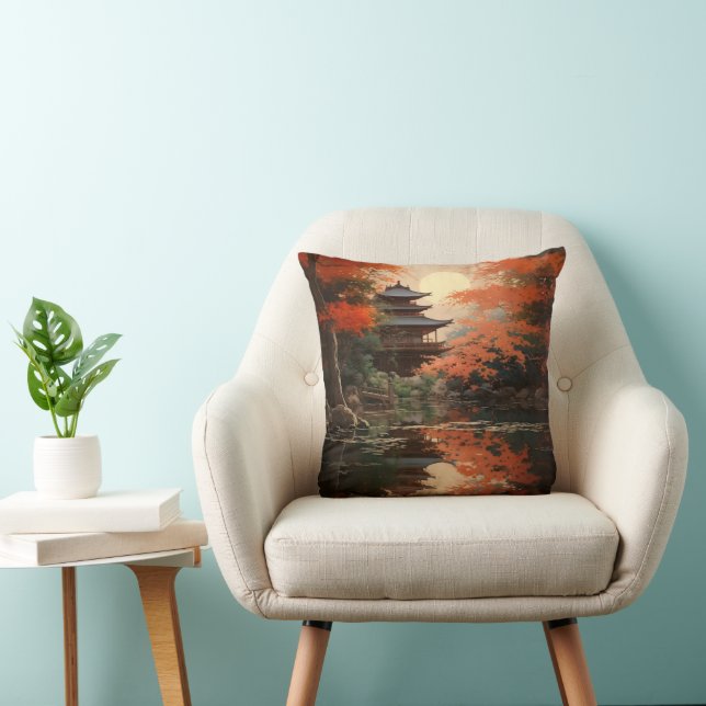 Asian Fall Landscape Throw Pillow (Chair)