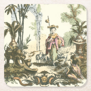 Asian Garden with Woman and Animals Square Paper Coaster