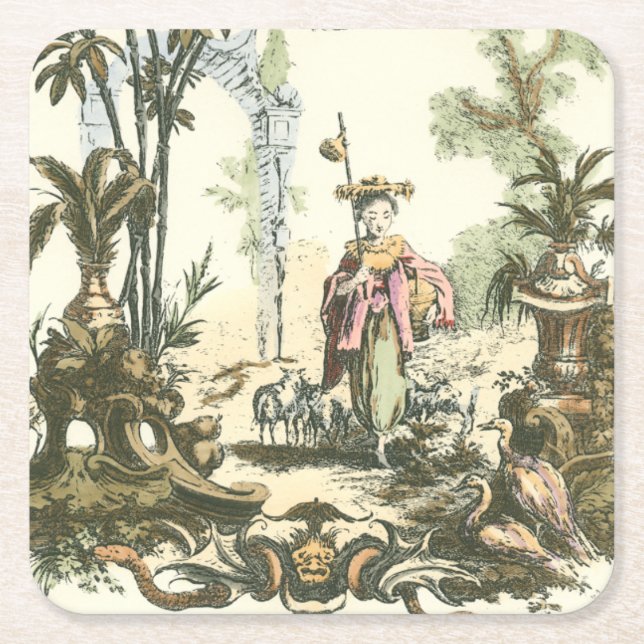 Asian Garden with Woman and Animals Square Paper Coaster (Front)