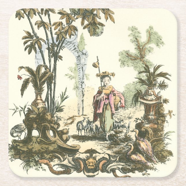 Asian Garden with Woman and Animals Square Paper Coaster (Front)