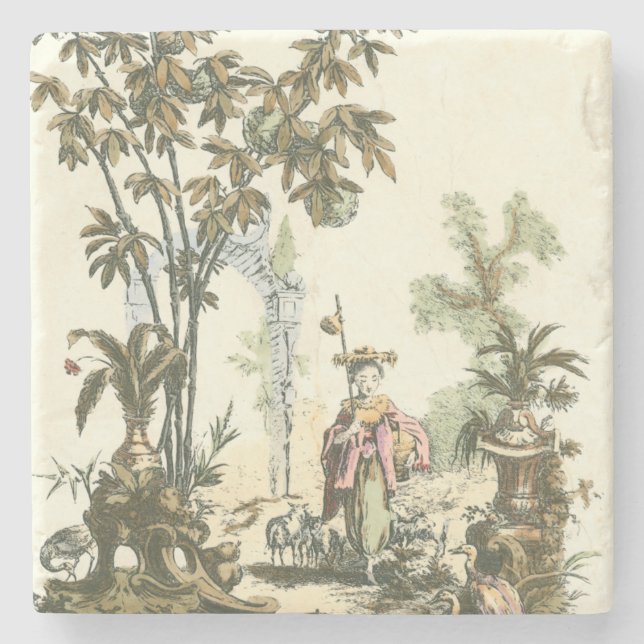 Asian Garden with Woman and Animals Stone Coaster (Front)
